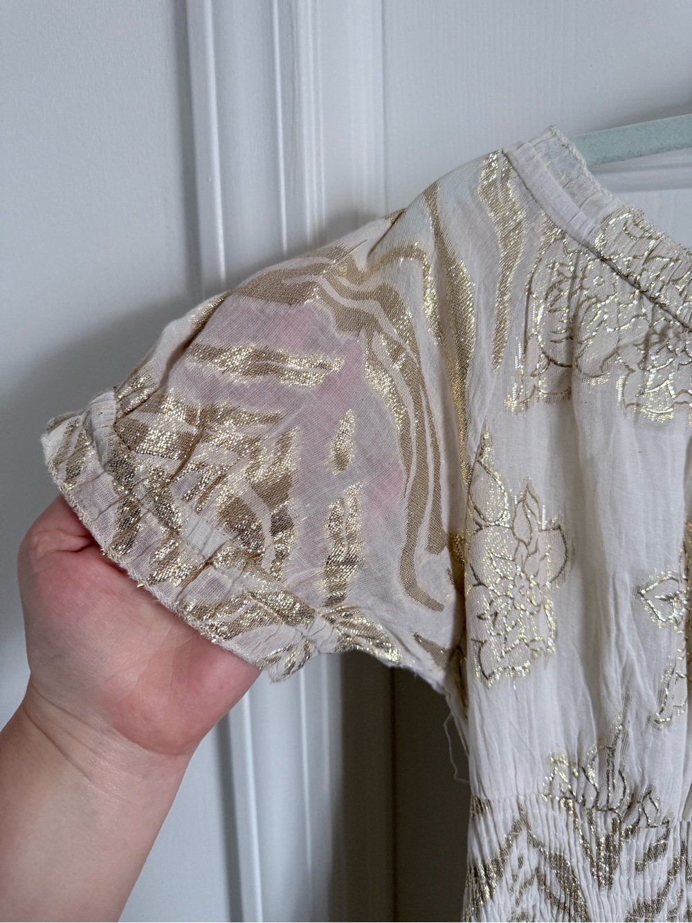 NWT Stunning Shimmery Cream and Gold Lace Metallic Embroidered Boho Midi Dress - Picture 5 of 15